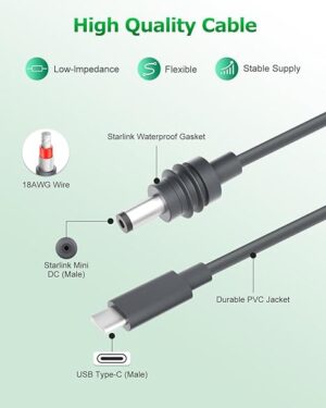 Starlink Mini Cable 6.5FT Starlink Mini USB C to DC Power Cable Cord 100W Input USB Type C to DC Cable, Power Cable Direct to USB-C for Star Link Mini Work with 100W+ PD Source Waterproof  - Image 2